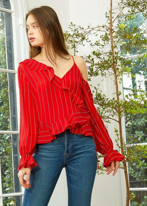 Women's Asymmetrical Shoulder Ruffle Top in Red