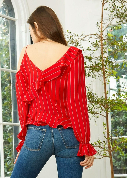 Women's Asymmetrical Shoulder Ruffle Top in Red