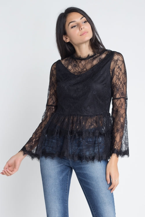 Women's Semi Lace Zipper Back Flare Sleeve Top