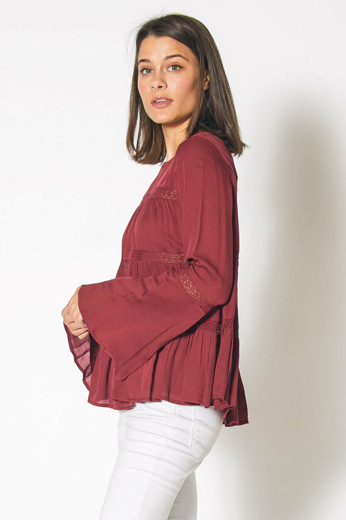 Bell Sleeve Tiered Top in Red Cordovan