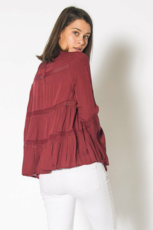 Bell Sleeve Tiered Top in Red Cordovan