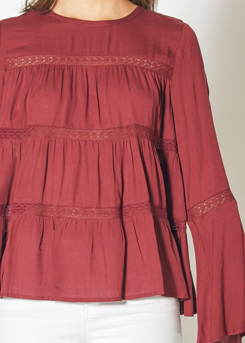 Bell Sleeve Tiered Top in Red Cordovan