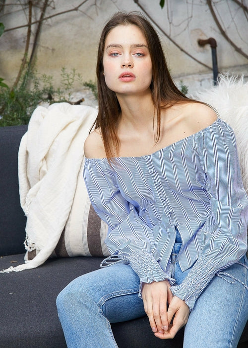 Smocked Cuff Button Front Peplum Top in Blue