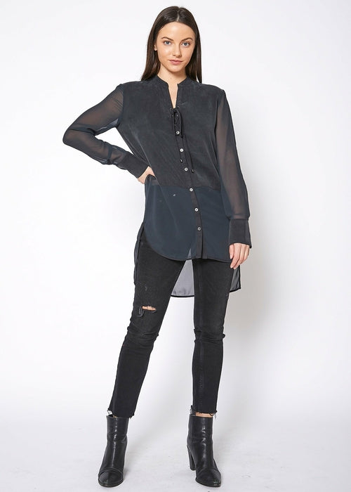 Women's Mesh Contrast Button Up Top In Black