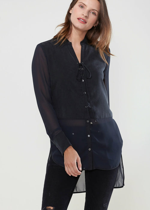 Women's Mesh Contrast Button Up Top In Black