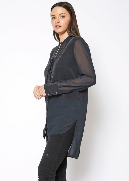 Women's Mesh Contrast Button Up Top In Black