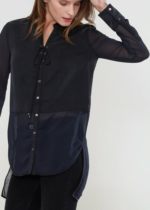 Women's Mesh Contrast Button Up Top In Black