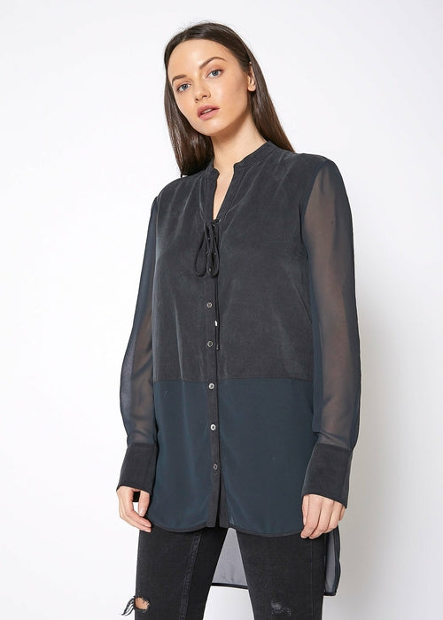 Women's Mesh Contrast Button Up Top In Black