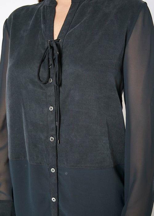 Women's Mesh Contrast Button Up Top In Black