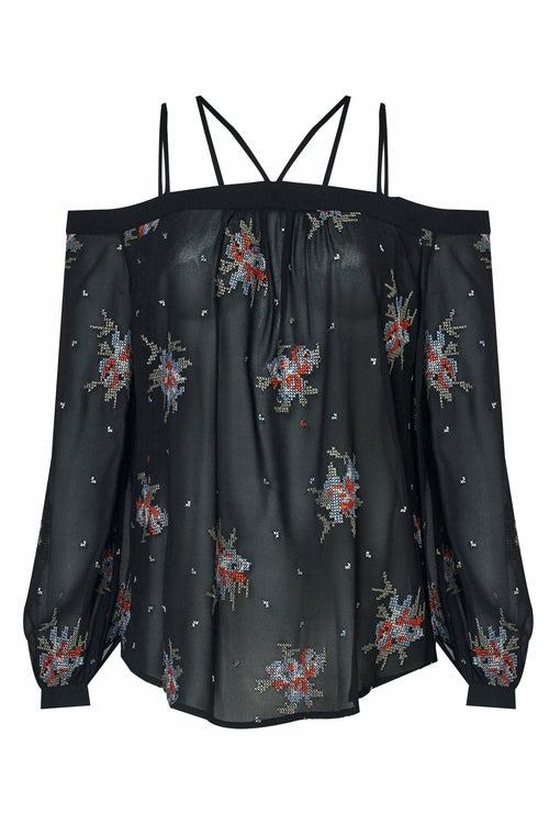 Off Shoulder Embroidery Print Top in Black