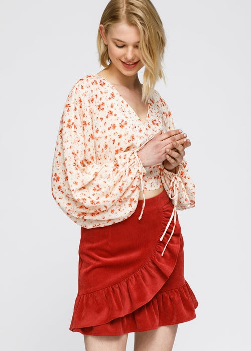 Floral Wrap Front Crop Top In Coral Gold